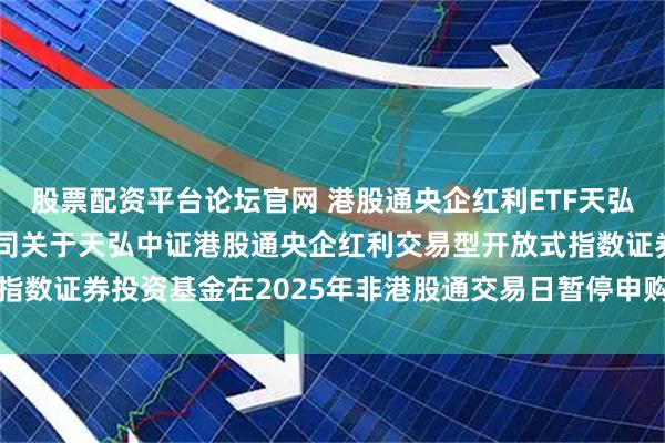 股票配资平台论坛官网 港股通央企红利ETF天弘: 天弘基金管理有限公司关于天弘中证港股通央企红利交易型开放式指数证券投资基金在2025年非港股通交易日暂停申购、赎回业务的公告
